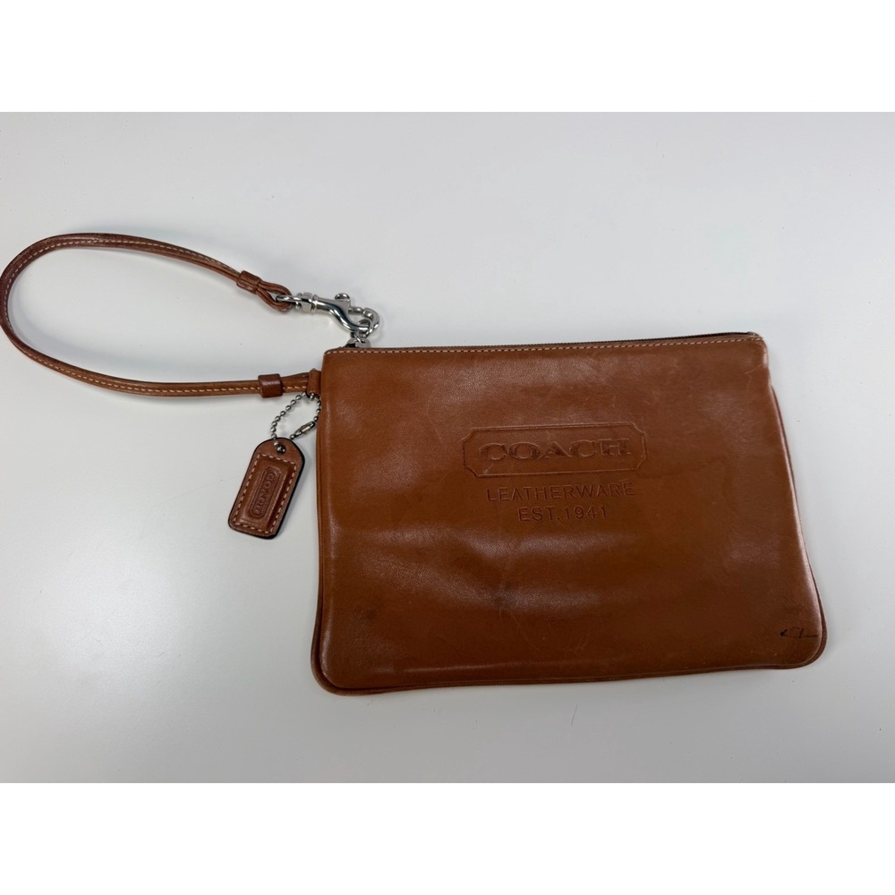 Vintage Coach Leatherware Est. 1941 British Tan Leather Wristlet Pouch 7"x5" Zip